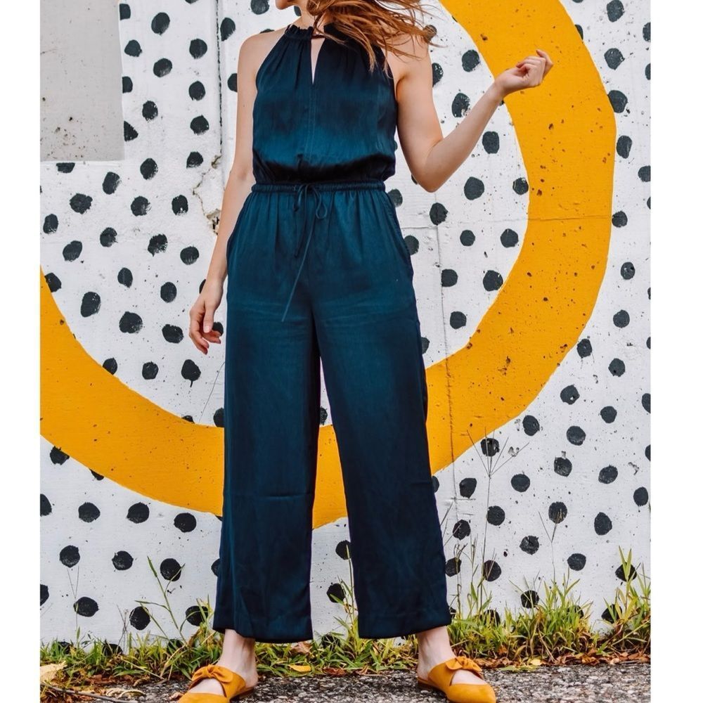 Loft Navy Blue Silky Keyhole Halter Wide Leg Jumpsuit